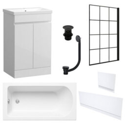 FNX Bathrooms Waterproof 600mm Vanity Unit With Single Ended Bath, Gloss White Panels, Matt Black Screen, Bath & Slotted Basin Waste