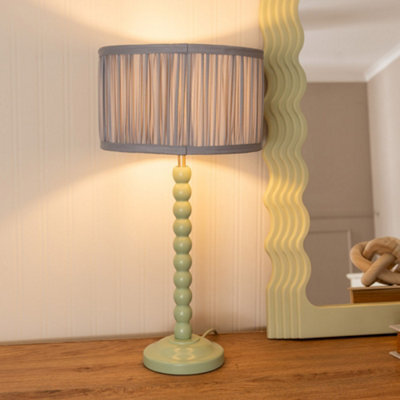 Valuelights Bobbins Sage Green Table Lamp With Ruched Pleated Blue Drum Lamp Shade And Led Bulb - image 1