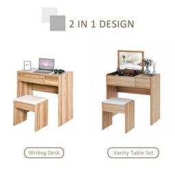 Homcom Dressing Table Set Cushioned Stool Flip-Up Mirror Drawer Chipboard Wood - thumbnail 5