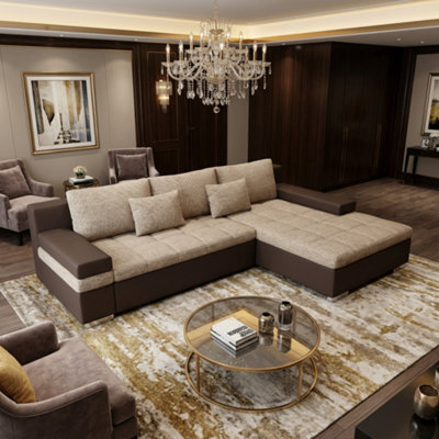 Bangkok Corner Sofa Bed With Storage And Sleeping Function Metal Legs Wooden Frame Foam Filling Light Brown And Brown Right - image 1