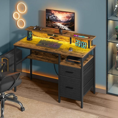 Corner Desk With Led Lighting And Integrated Power Outlets, Computer Station, Rustic Brown - image 1