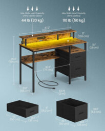 Corner Desk With Led Lighting And Integrated Power Outlets, Computer Station, Rustic Brown - thumbnail 2