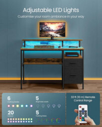 Corner Desk With Led Lighting And Integrated Power Outlets, Computer Station, Rustic Brown - thumbnail 3