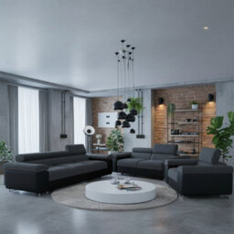 Torezio 3 2 1 Living Room Sofa Set Chipboard Frame Hr Foam Wavy Spring Wooden Frame Adjustable Headrests Black And Dark Grey