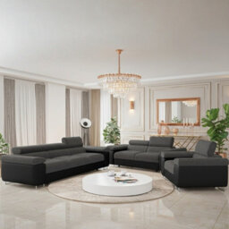 Torezio 3 2 1 Living Room Sofa Set Chipboard Frame Hr Foam Wavy Spring Wooden Frame Adjustable Headrests Black And Dark Grey - thumbnail 2