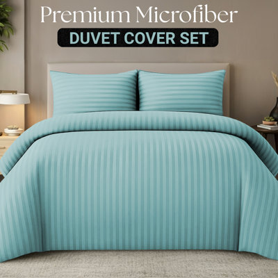 Lazzaro Deluxe Double Duvet Cover Set Satin Stripe Design Premium Microfiber Hypoallergenic Hotel Style - image 1