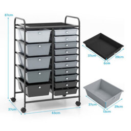 Costway 15-Drawer Storage Trolley Mobile Organiser Shelving Unit Utility Cart Gradient Black - thumbnail 2