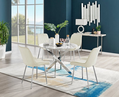 Furniturebox Novara White Marble Effect 100Cm Round Dining Table With Chrome Starburst Legs & 4 Cream Velvet Pesaro Chairs - image 1