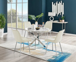 Furniturebox Novara White Marble Effect 100Cm Round Dining Table With Chrome Starburst Legs & 4 Cream Velvet Pesaro Chairs - thumbnail 1