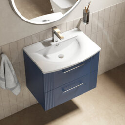 Balterley Belvide Partial Fluted 2 Drawer Wall Hung Vanity Unit With 1 Tap Hole Curved Basin- 600mm - Satin Blue - thumbnail 5