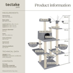 Tectake Cat Tree Lilou - 165 Cm Tall, Sisal Scratching Post, Toys & Anti-Tip Protection - Grey - thumbnail 6