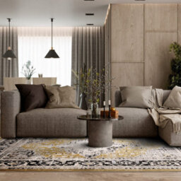 Gold Luxurious Traditional Bordered Easy To Clean Rug For Living Room Bedroom & Dining Room-200Cm X 290Cm - thumbnail 1