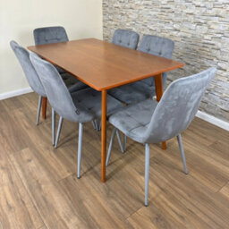 Doubs Dining Table Set With 6 Tufted Grey Velvet Chairs Walnut Effect Table - thumbnail 2