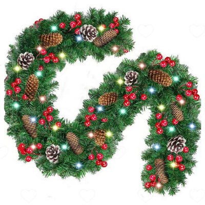 Amorly 9Ft Christmas Garland With 50 Led Lights, Artificial Green Rattan With Red Berries Pinecones, Battery Operated Festive Decoration - image 1