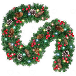 Amorly 9Ft Christmas Garland With 50 Led Lights, Artificial Green Rattan With Red Berries Pinecones, Battery Operated Festive Decoration - thumbnail 1