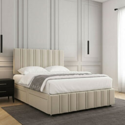 REGIONAL FURNISHINGS Divan Bed Set Cream Plush Velvet Upholstered 24Inch Headboard & Footboard & 2Drawers Sameside & Mattress In All Sizes - thumbnail 2