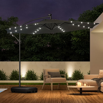 Living And Home 3M Led Lighted Large Garden Cantilever Parasol Outdoor Patio Banana Umbrella Crank Tilt With 60L Fillable Base, Dark Grey - image 1