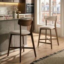 Wyld And Coco Armless Retro Bar Chairs Set Of 2 Brown Rubberwood With Cream Off-White Upholstery - thumbnail 2