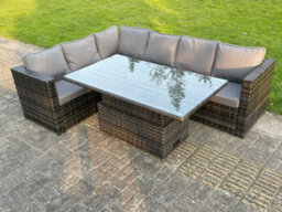 Fimous 6 Seater Pe Rattan Corner Sofa Set Rising Adjustable Dining Table Set With Seat And Back Cushion - thumbnail 2