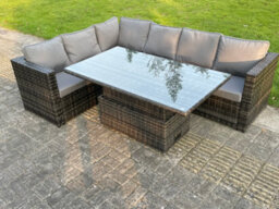 Fimous 6 Seater Pe Rattan Corner Sofa Set Rising Adjustable Dining Table Set With Seat And Back Cushion - thumbnail 1