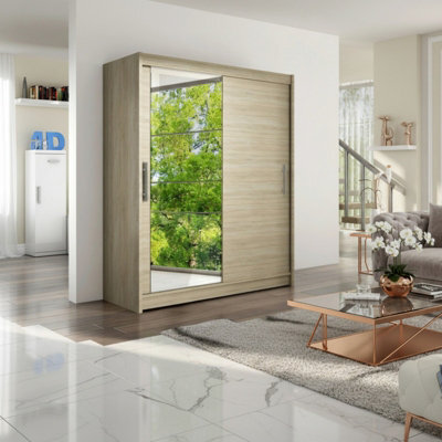 Westa Vi 150Cm Sliding Door Wardrobe With Mirror Modern Bedroom Storage With Hanging Rails And Shelves Sonoma - image 1
