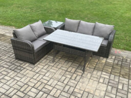 Fimous Outdoor Garden Patio Furniture Wicker Rattan Oblong Rectangular Dining Table And Lounge Sofa Set With Side Table - thumbnail 2