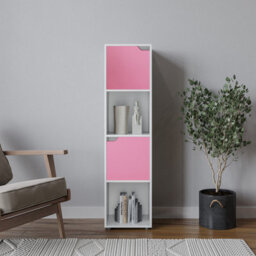 Urbn-Living Urbnliving 119Cm Height White 4 Cube Bookcase Shelving Display Shelf Storage Unit Pink Wooden Door Organiser