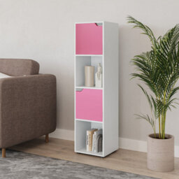 Urbn-Living Urbnliving 119Cm Height White 4 Cube Bookcase Shelving Display Shelf Storage Unit Pink Wooden Door Organiser - thumbnail 2