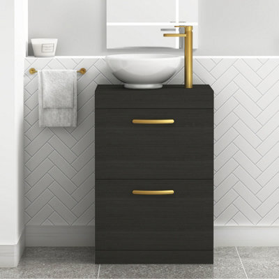 Royal Bathrooms 600mm Floor Standing Vanity Unit 2 Drawer Hale Black & Countertop Basin - Breeze With Brushed Brass Handle - image 1