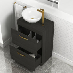 Royal Bathrooms 600mm Floor Standing Vanity Unit 2 Drawer Hale Black & Countertop Basin - Breeze With Brushed Brass Handle - thumbnail 3