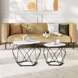 Songmics Round Coffee Table, Set Of 2, Side Table, Sofa End Table, Modern, Removable Top, White And Black - thumbnail 1