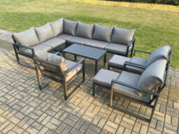Fimous Aluminium Garden Furniture Set Outdoor Indoor Lounge Corner Sofa 3 Pcs Chair Coffee Table Sets With Footstools Dark Grey - thumbnail 1
