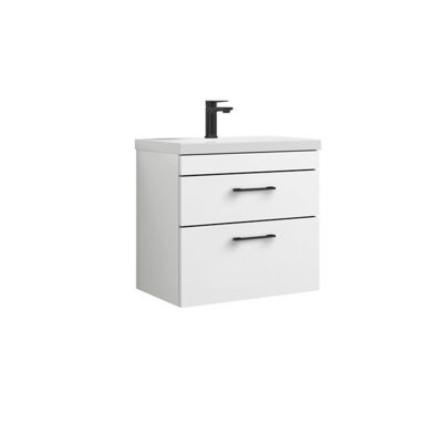 Rio 2 Drawer Wall Hung Vanity Basin Unit - 600mm - Gloss White With Square Black D-Shaped Handles (Tap Not Included) - Balterley - image 1