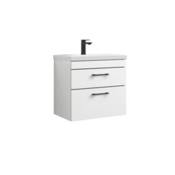 Rio 2 Drawer Wall Hung Vanity Basin Unit - 600mm - Gloss White With Square Black D-Shaped Handles (Tap Not Included) - Balterley - thumbnail 1