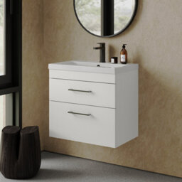 Rio 2 Drawer Wall Hung Vanity Basin Unit - 600mm - Gloss White With Square Black D-Shaped Handles (Tap Not Included) - Balterley - thumbnail 4