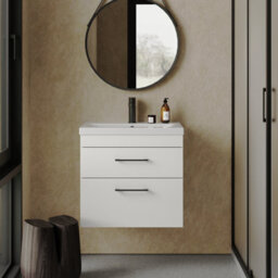 Rio 2 Drawer Wall Hung Vanity Basin Unit - 600mm - Gloss White With Square Black D-Shaped Handles (Tap Not Included) - Balterley - thumbnail 2