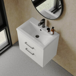 Rio 2 Drawer Wall Hung Vanity Basin Unit - 600mm - Gloss White With Square Black D-Shaped Handles (Tap Not Included) - Balterley - thumbnail 3