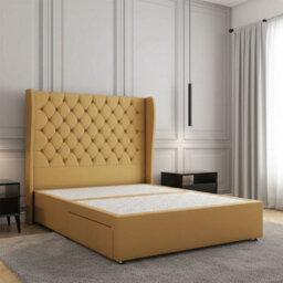 REGIONAL FURNISHINGS Mustard Plush Velvet Luxury Divan Bed Set With 54Inch Headboard 2Drawers Footend & No Mattress In Double King 4Ft 6Ft Sizes
