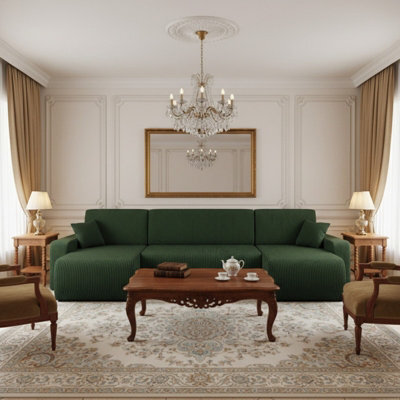 Piano U Corduroy Corner Sofa Bed Large U Shape Settee Sleep Function Ribbed Fabric Comfortable Couch Green - image 1