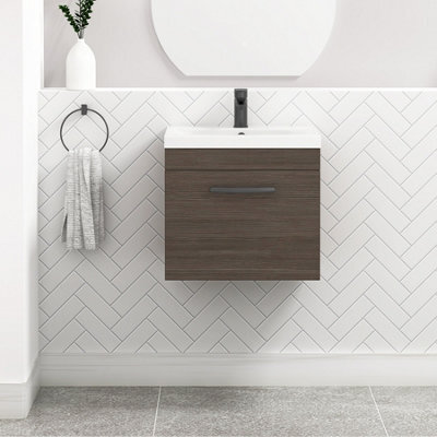 Royal Bathrooms Turin Grey Elm 500mm Wall Hung Vanity Unit 1 Drawer With Mid-Edge Basin Sink & Matt Black Handles - image 1