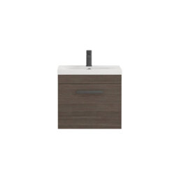 Royal Bathrooms Turin Grey Elm 500mm Wall Hung Vanity Unit 1 Drawer With Mid-Edge Basin Sink & Matt Black Handles - thumbnail 6