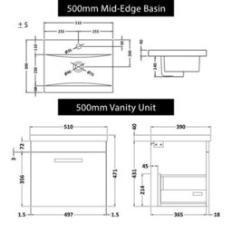 Royal Bathrooms Turin Grey Elm 500mm Wall Hung Vanity Unit 1 Drawer With Mid-Edge Basin Sink & Matt Black Handles - thumbnail 8