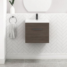 Royal Bathrooms Turin Grey Elm 500mm Wall Hung Vanity Unit 1 Drawer With Mid-Edge Basin Sink & Matt Black Handles - thumbnail 1