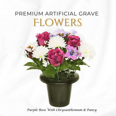 Premium Artificial Grave Flowers - 25Cm Purple Rose With Chrysanthemum & Pansy Memorial Vase Pot