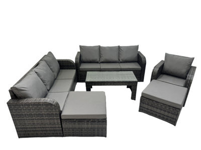 Fimous Rattan Garden Outdoor Furniture Set 3 Seater Sofa Reclining Chair Coffee Table With 2 Big Footstools Dark Grey Mixed - image 1