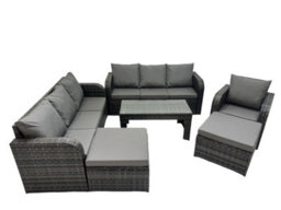 Fimous Rattan Garden Outdoor Furniture Set 3 Seater Sofa Reclining Chair Coffee Table With 2 Big Footstools Dark Grey Mixed - thumbnail 1