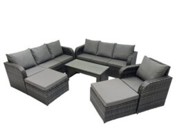 Fimous Rattan Garden Outdoor Furniture Set 3 Seater Sofa Reclining Chair Coffee Table With 2 Big Footstools Dark Grey Mixed - thumbnail 2