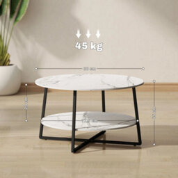 Round Coffee Table With Storage Shelf And Marble Effect Top, White - thumbnail 3