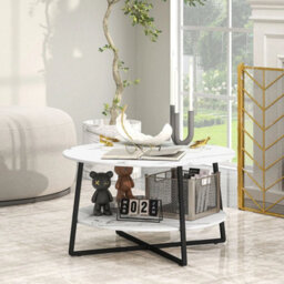 Round Coffee Table With Storage Shelf And Marble Effect Top, White - thumbnail 2