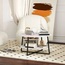 Round Coffee Table With Storage Shelf And Marble Effect Top, White - thumbnail 5